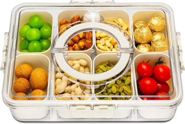 Plastic Divided Serving Tray with Lid and Handle Snack Box Charcuterie Container Portable Snack Platters Organizer for Candy, Fruits, Snacks, Nuts, for Party