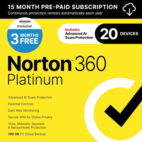 Norton 360 Platinum 2025, Antivirus software for 20 Devices with Auto-Renewal – 3 Months FREE
