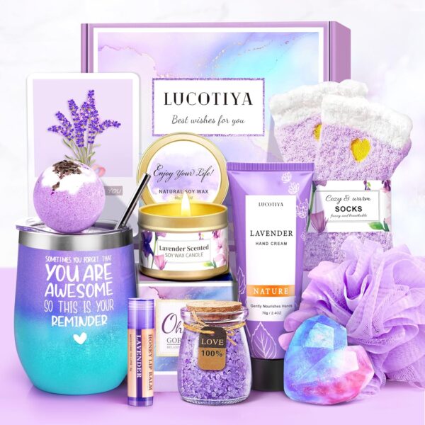 LUCOTIYA Gifts for Women, Mother's Day Gifts Basket for Woman Birthday Wine Tumbler Self Care Package Gift for Mom